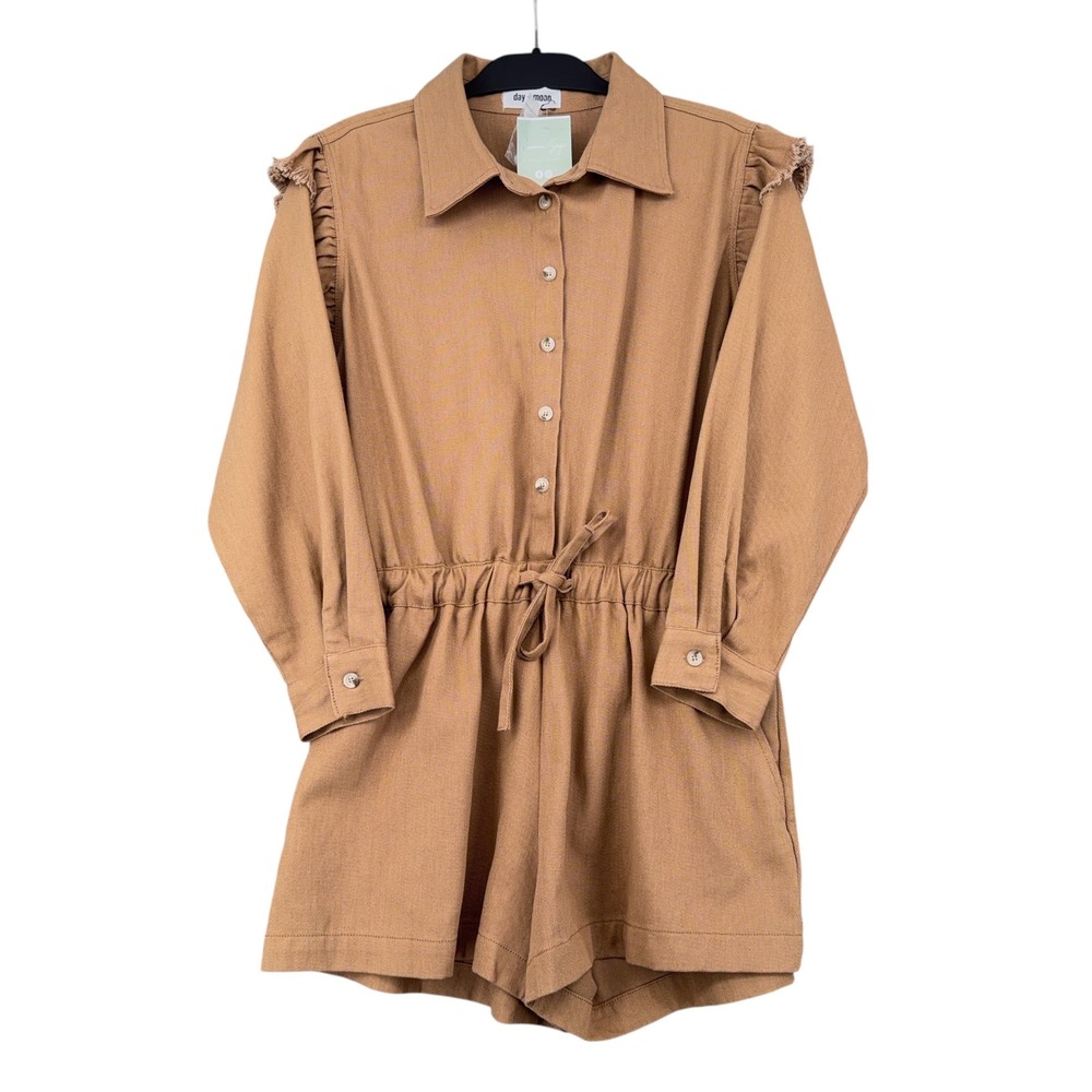 Day + Moon Camel Brown Ruffle Shoulder Button Front Romper DM1336 Mens M NEW